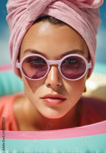 Woman with pink swimming cap and goggles at the pool. The concept of this picture is summer vacation, relaxation and youthful energy. Summer concept.