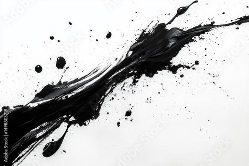 Dynamic black paint splash with bold brush strokes and scattered splatters on a clean white background expressing energy and movement