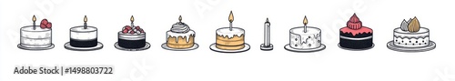 A series of hand-drawn cakes and candles arranged horizontally, each cake uniquely decorated with frosting, fruit toppings, and one having a lit candle, evoking a festive and celebratory mood