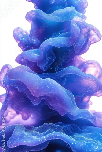 Close-up of translucent, wavy, layered organic shapes in vibrant purple and blue tones with a soft glowing effect