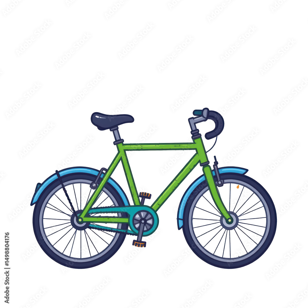 Fototapeta premium A green bicycle with blue fenders, black seat and drop handlebars.