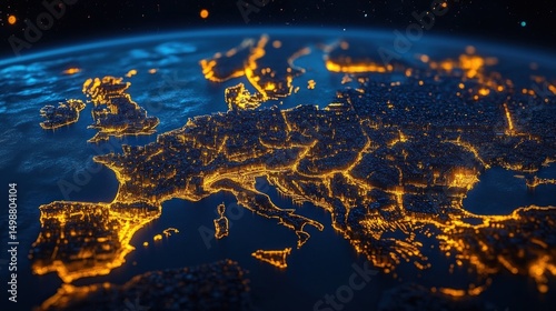 A detailed illuminated digital map of Europe at night showing glowing city lights and geographic contours against a dark background with a sense of global connection and technology