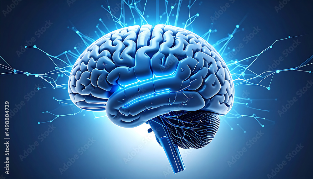 A 3D rendering of a human brain with glowing neural network connections on a blue background. A 3D rendering of a human brain with glowing neural network connections on a blue background.