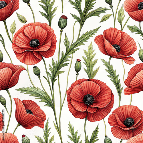 Seamless pattern of red poppies with leaves and pods on white background—perfect for fabric, wallpaper, packaging, or surface design projects.