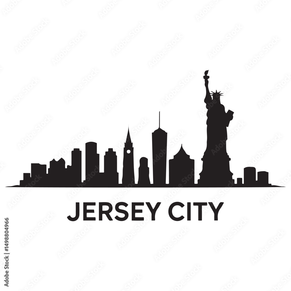 Fototapeta premium Vector Jersey City skyline. Travel Jersey City famous landmarks. Business and tourism concept for presentation, banner, web site. Vector black silhouette. with white background