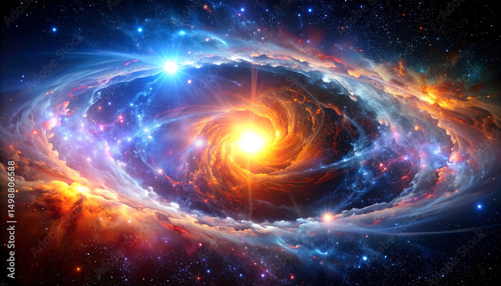 Obraz premium A vibrant spiral galaxy, swirling stars and nebulas around a bright central core in deep space.
