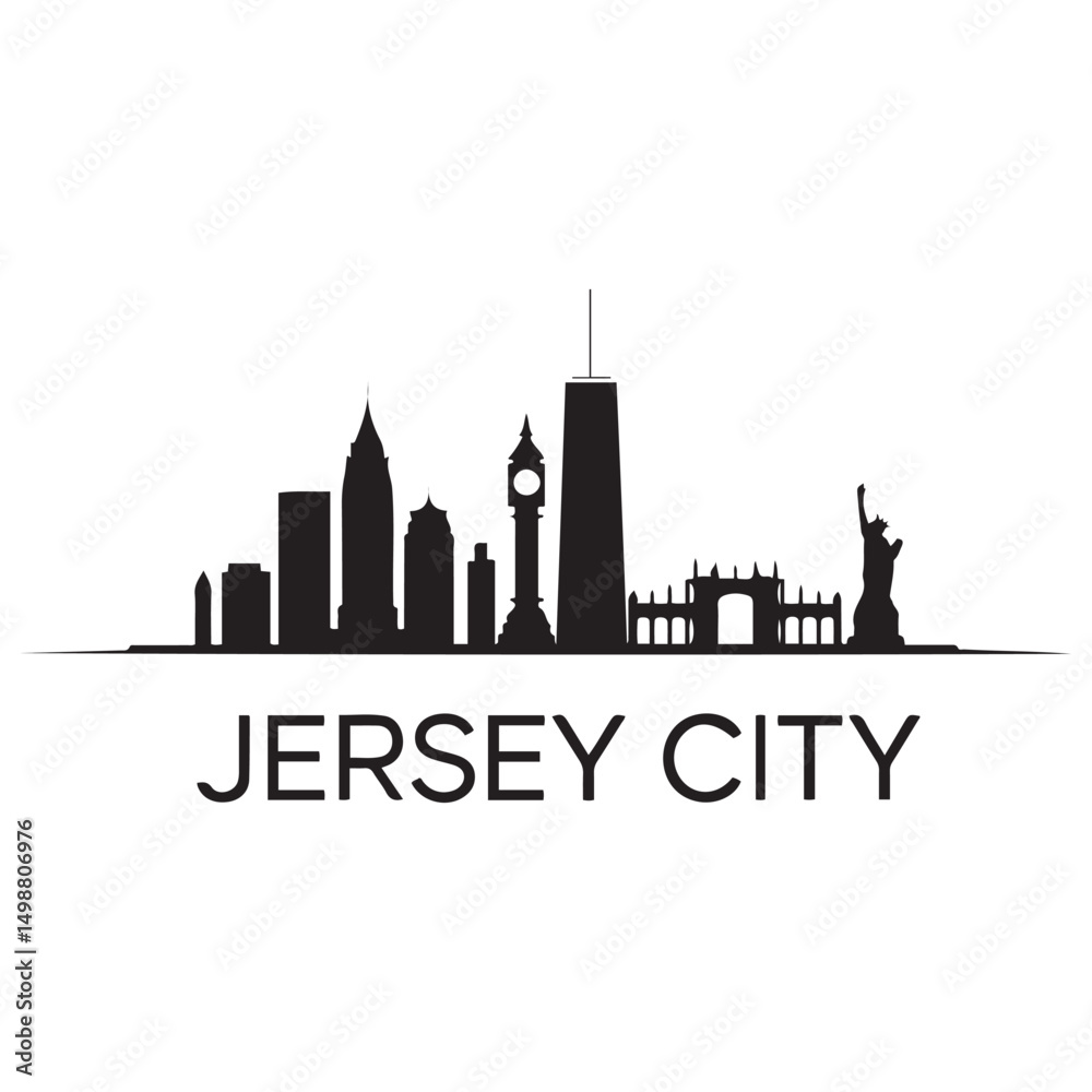 Fototapeta premium Vector Jersey City skyline. Travel Jersey City famous landmarks. Business and tourism concept for presentation, banner, web site. Vector black silhouette. with white background