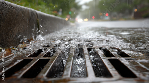Urban Storm Drain Overflowing with Water During Heavy Rainfall in City Street