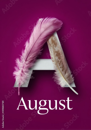 A font design with feathers and the letter A for August. Ideal for calendar themes, seasonal greetings, design elements.