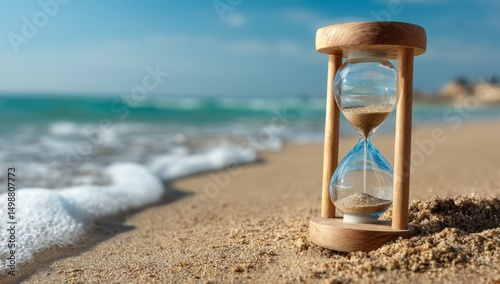 An hourglass on a sandy beach with the ocean in the background. It's time for a vintage summer vacation.