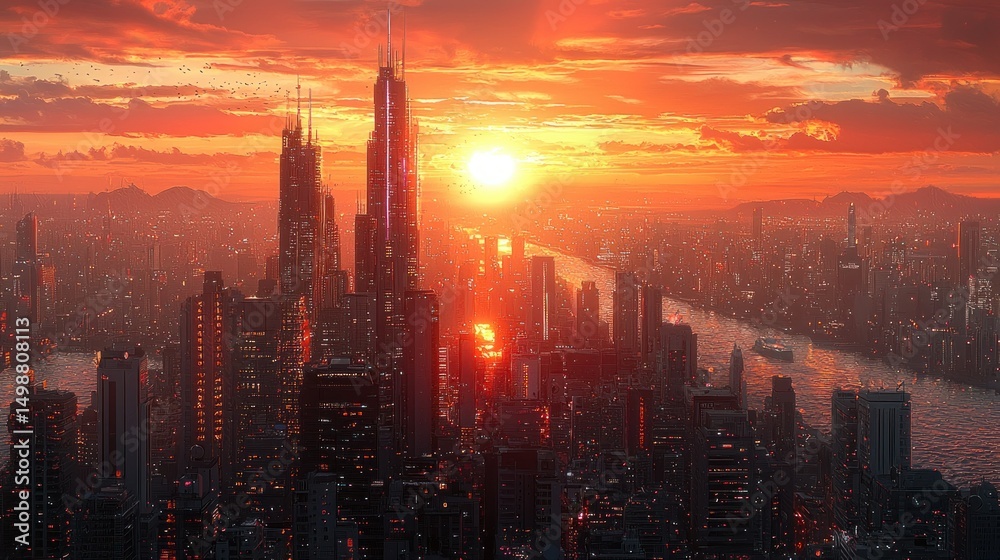 Fototapeta premium Futuristic city at sunset