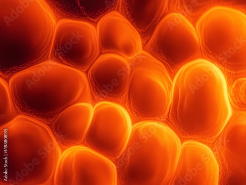 Fiery Cellular Structure: A Macro View of Interconnected Cells in Vibrant Orange and Red Hues Displaying Bubble Like Textures