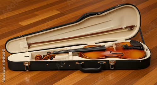 A violin resting in an open case on a hardwood floor