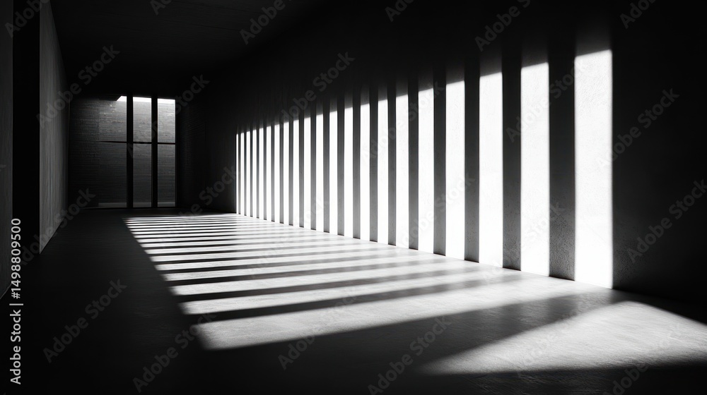 Fototapeta premium Empty room with tall windows casting strong striped shadows on the floor and walls, creating a dramatic contrast of light and darkness
