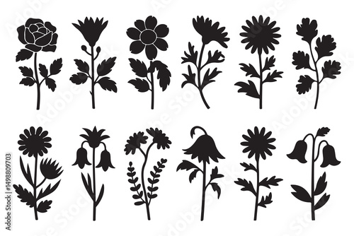 Black vector silhouettes of trees and plants, including tropical palm and pine, forming a natural forest pattern