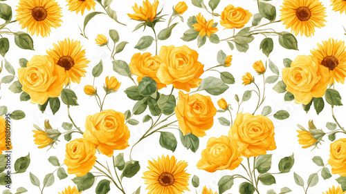 Wallpaper Mural 夏の花畑に咲く黄色いバラとひまわりの水彩パターン背景素材｜手描き風・植物・フラワー・爽やか・装飾・シームレス・明るい雰囲気・商用利用可のストックイラスト Torontodigital.ca