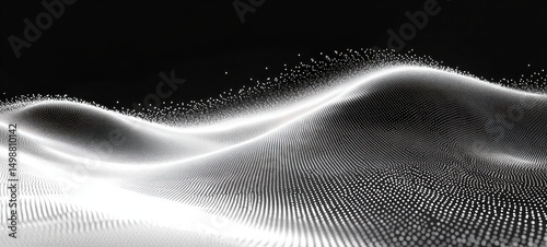 abstract flowing waves created by numerous small white dots on dark background, evoking a sense of digital or futuristic landscape with smooth curves and sparkling particles