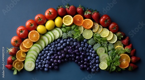 Vibrant Food Spectrum: Fresh Fruit & Vegetable Rainbow Arch on Dark Blue with Natural Textures (Commercial Use) Healthy Chromatic Gradient: Artful Arrangement of Citrus, Berries & Veggies in Colorful 