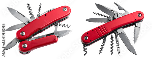 Versatile Red Pocket Multitool Knife with Folded Accessories, Transparent Background PNG