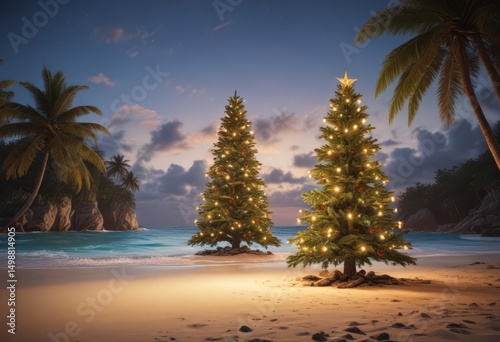 Lighted Christmas tree on a deserted tropical beach, festive escape , tropical beach, Christmas tree, shore