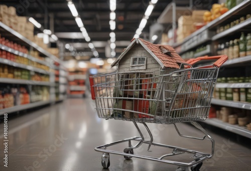 A small house replica inside a supermarket shopping cart ,  home search,  miniature