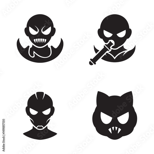 Black silhouette character icons representing horror monsters and villains isolated on white background