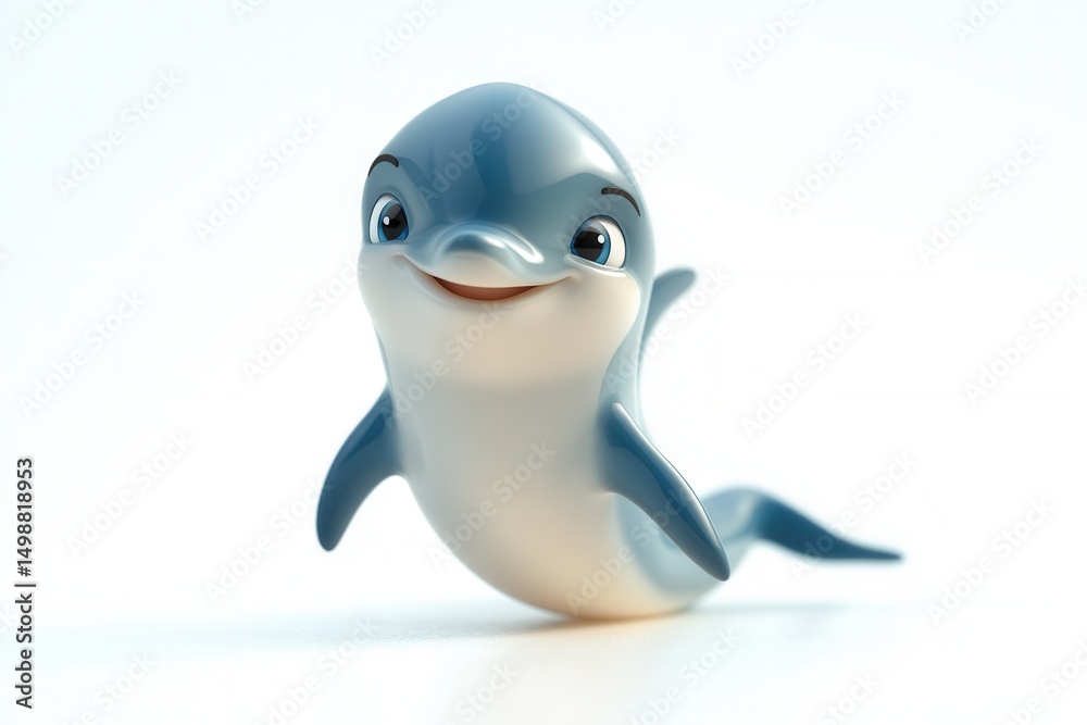 Fototapeta premium A Playful Cartoon Dolphin Toy Smiling and Waving, Featuring a Blue and White Design, Capturing the Joyful Spirit of Marine Life