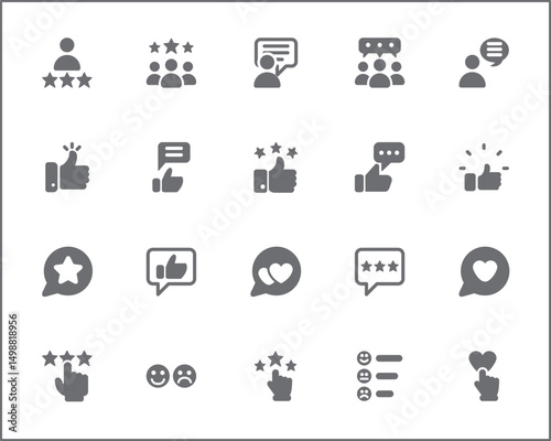 Review And feedback Icon Set. Vector collection of customer, rating, star rating, chat, testimonials, survey, support, communication, sign and element symbols or logo element.