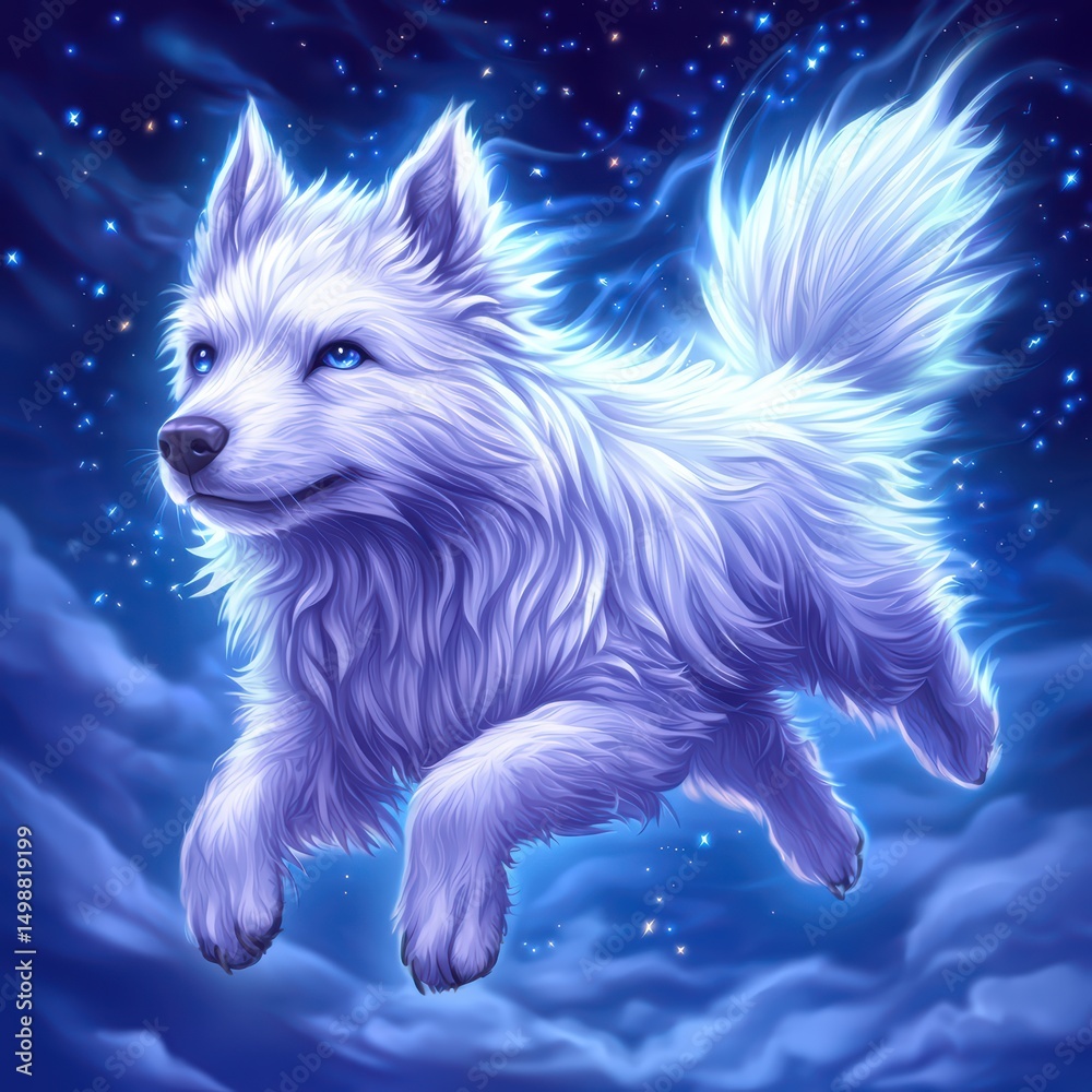 Obraz premium Majestic White Wolf Running Through Enchanted Starry Night Sky with Glowing Fur and Expressive Blue Eyes
