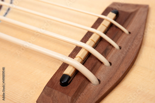 Four-string bass ukulele with wooden body and built-in tuner and pickup.