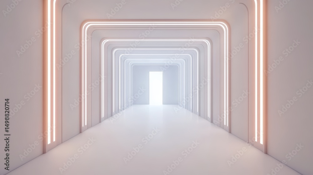 Fototapeta premium Modern minimalist corridor with glowing neon lights leading to an illuminated open door in a contemporary setting