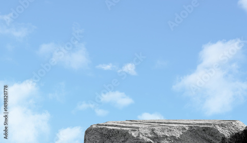 Photography Sky ,Cloud with Rock Stone Podium on Blue background, Grey rock sea podium outdo