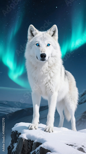 Majestic white wolf stands on a snowy cliff beneath vibrant Northern Lights. Perfect for wildlife photography, nature wallpapers, winter scenes, mystical landscapes, and outdoor adventure themes.

 photo