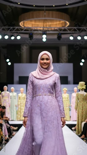 A model strolls the runway in a stunning lilac dress at a modest fashion event