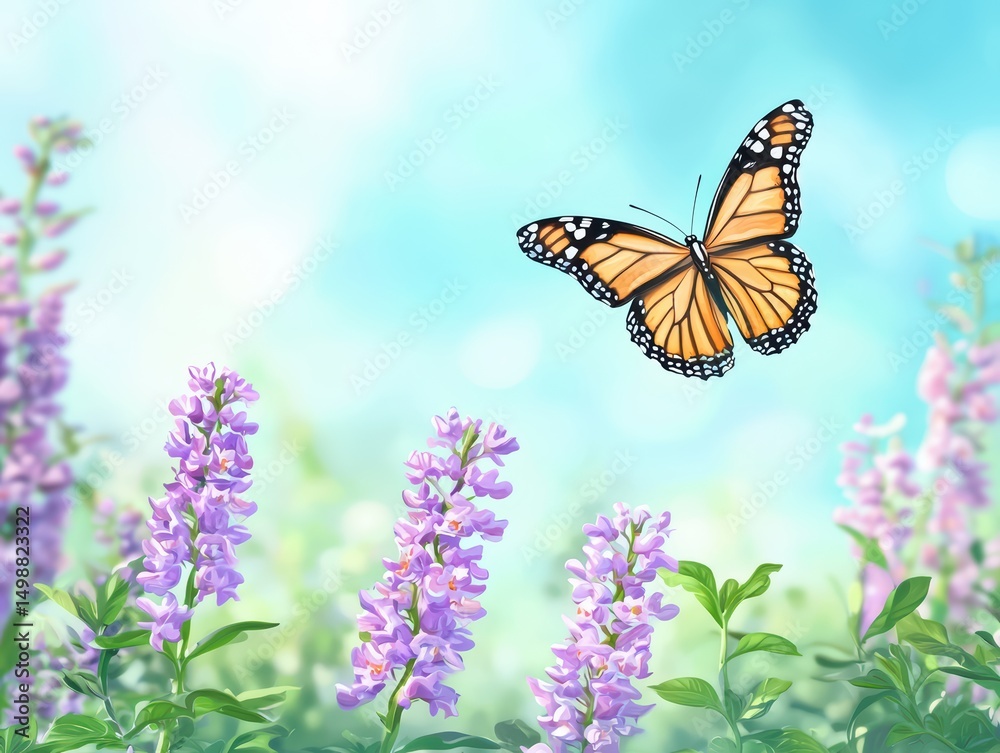 Fototapeta premium Vibrant Monarch Butterfly Over Blooming Purple Flowers in Soft Focus with Blue Background