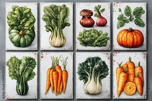 Fresh farm vegetables vintage botanical illustrations