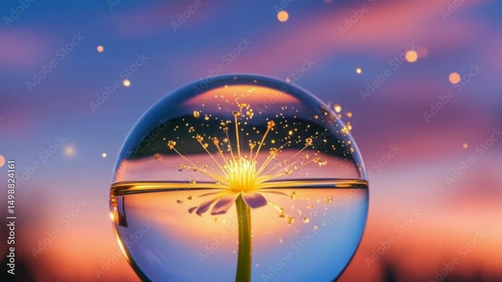 Glowing Fantasy Flower in Floating Glass Orb with Shimmering Liquid Under Twilight Sky – Conceptual Magic Art 4K video file download