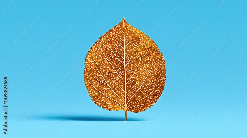 Fototapeta premium A detailed view of a dried autumn leaf against a bright blue background.