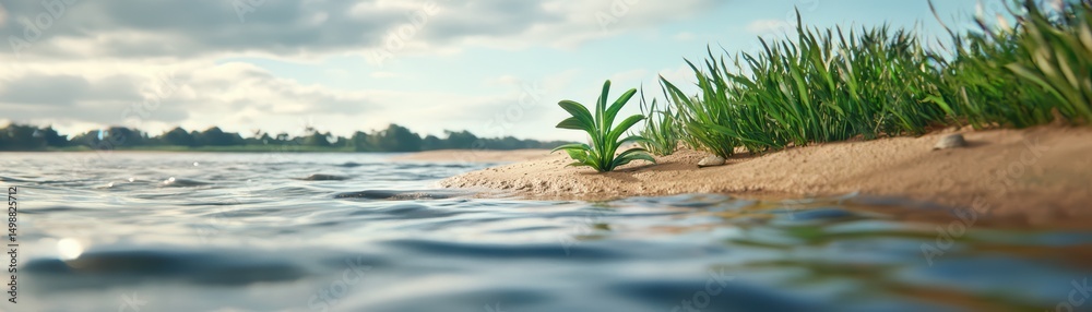 Fototapeta premium Serene Riverbank View with Lush Green Grass and Gentle Water Reflection Under Cloudy Sky