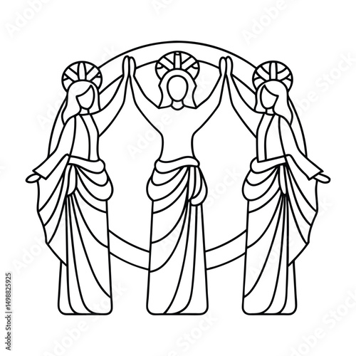 Three figures in flowing robes, possibly religious figures, under an archway.