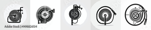 Fire Hose Reel Icon Set – Emergency Firefighting Equipment Silhouette Collection
