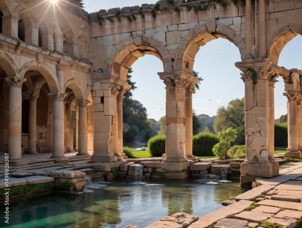 Obraz premium Abandoned Roman temple with Pillars and Water baths hot springs