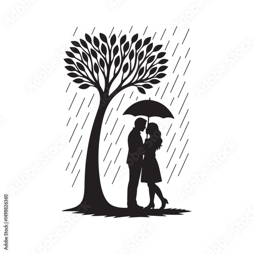 Romantic Couple Umbrella Tree Silhouette