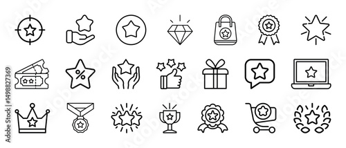Bonus, benefit, offer, prize, gift, and reward outline icons set isolated on white background flat vector illustration.