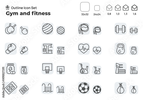 Subjects related to training, gym and fitness facilities. Concept editable stroke outline icons set isolated on white background flat vector illustration. Pixel perfect