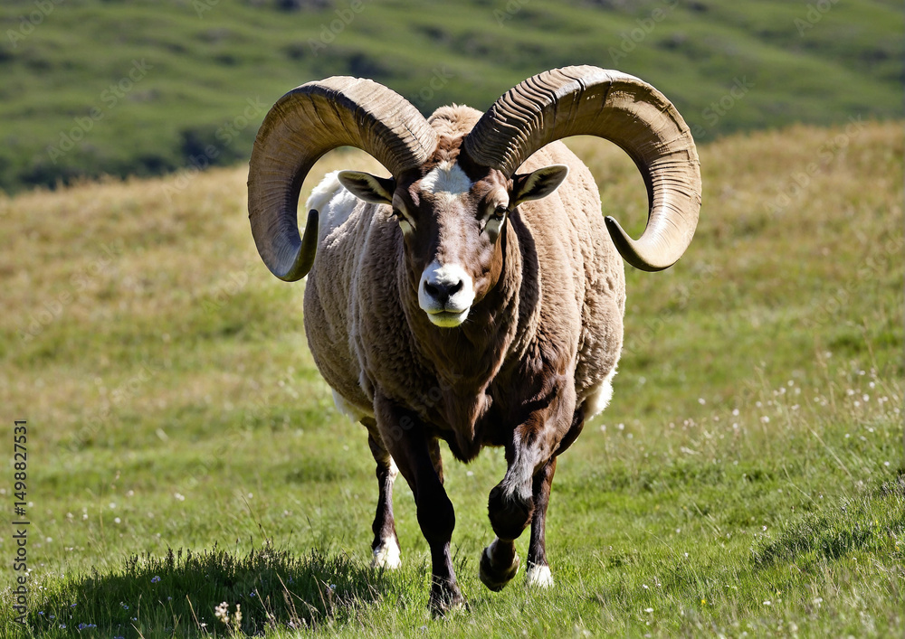 Fototapeta premium Close Up Of A Large Ram With Curled Horns Facing Camera With Dark Background