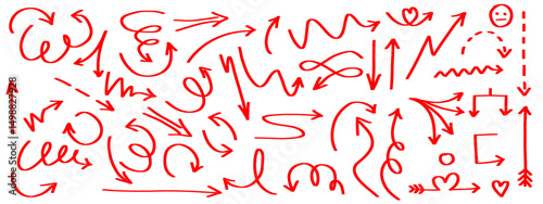 Marker arrow sketches collection - hand drawn doodle style pointers, curved lines, round swirls. Chaotic scribbling, artistic design elements set. Red marker brush strokes isolated on transparent bg.