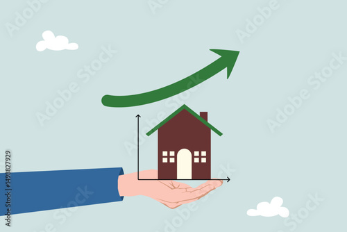 Home and property investment, real estate price growth or mortgage calculation chart, concept of buying or renting decision. Smart businessman presenting house price chart.