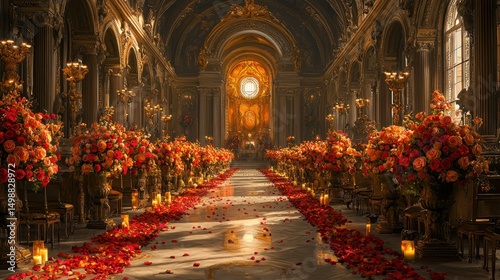 Grand church aisle adorned with vibrant orange-red roses, petals scattered