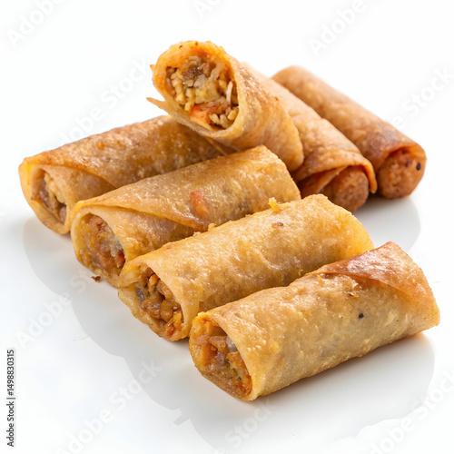 crispy spring rolls arranged on a white background